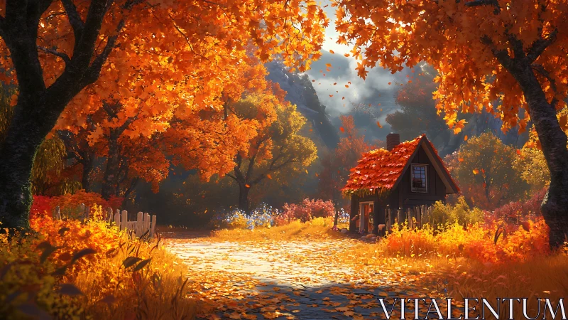 Autumn woodland cottage under luminous foliage canopy glows