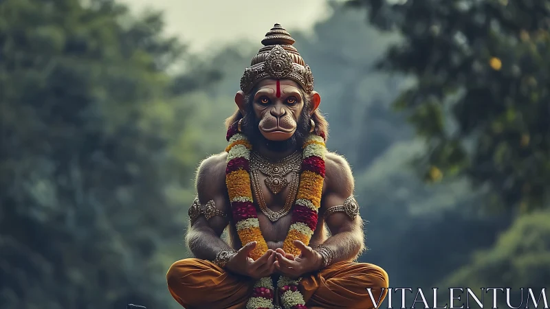 Monkey-headed figure sits cross-legged in ornate attire