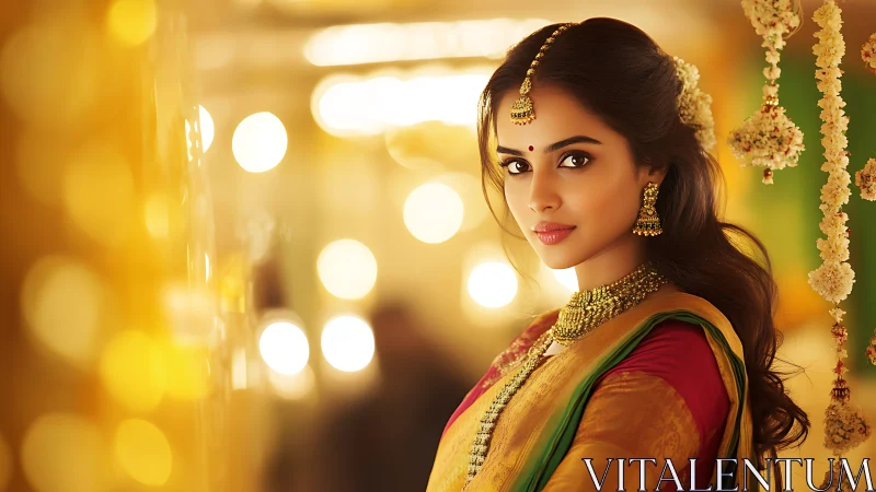 Elegant woman in festive saree glows under warm golden lights