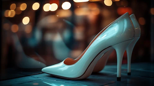 Elegant white heels glowing softly in a dreamy city window.