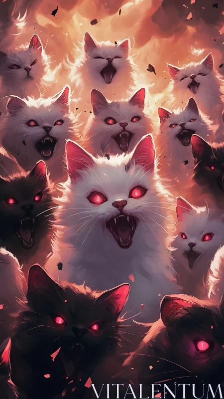 Demonic Cats in Fiery Abyss with Glowing Eyes.