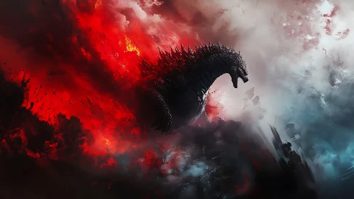 Spiked kaiju silhouette emerges through bifurcated red and blue storm