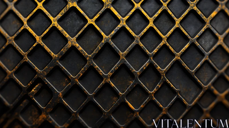 Weathered diamond metal grid presents rusted, high-relief geometry