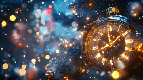 Photorealistic festive pocket watch ornament with bokeh lighting.