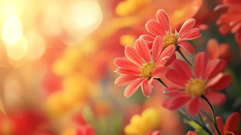 Coral Gerbera Daisies in Warm Golden Hour Bokeh Light.