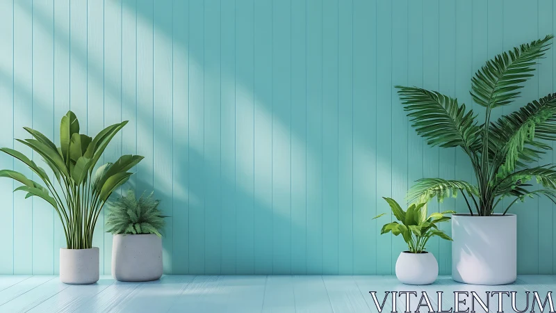 Indoor potted plants aligned against light teal wall.