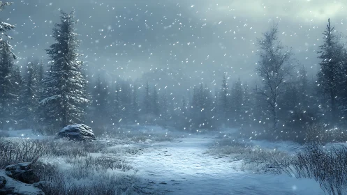 Snow covered conifer forest and frozen path under snowfall