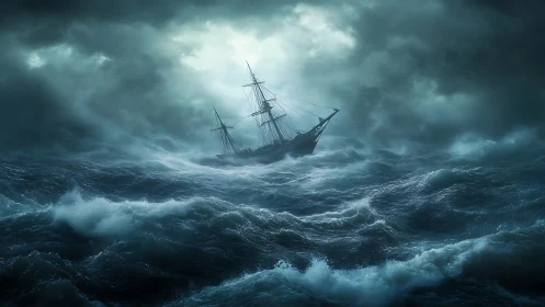 Storm-lashed tall ship battles turbulent mid-ocean swells tonight