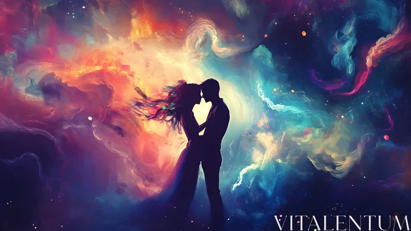 Silhouetted Couple Embracing Within Cosmic Vortex