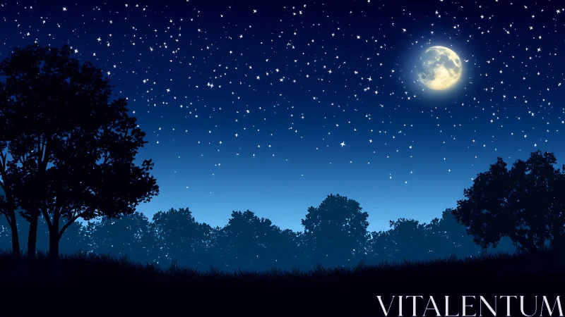 Vector night landscape shows moonlit sky with dense starfield