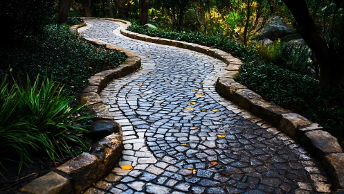 Winding cobblestone garden path glistening after rainfall.