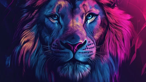 Neon chromatic lion portrait with vibrant dual lighting.