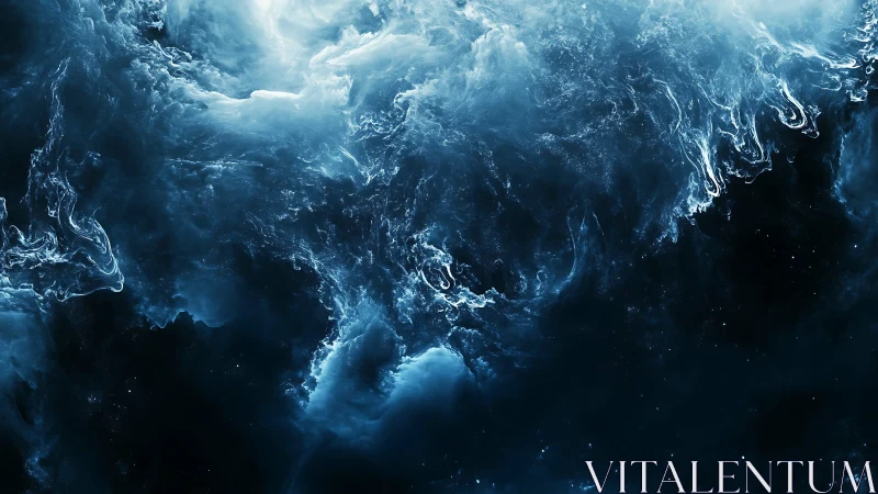 Nebulous blue gas clouds swirl across dark cosmic space