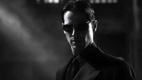 Stylish man in dark suit under dramatic noir lighting.