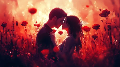 Silhouetted couple embracing in glowing red rose field.