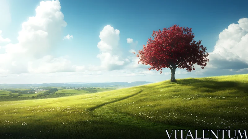 Solitary crimson tree sketches quiet dreams across hillsides