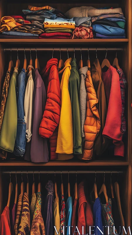 Well-organized wardrobe displaying layered clothing in color-coded compartments.