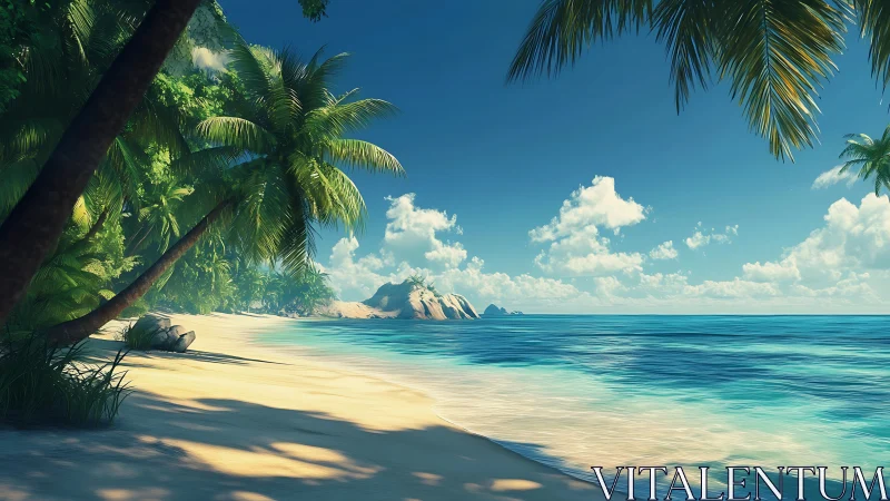 Tropical beach with palm trees, golden sand, and mountain island.