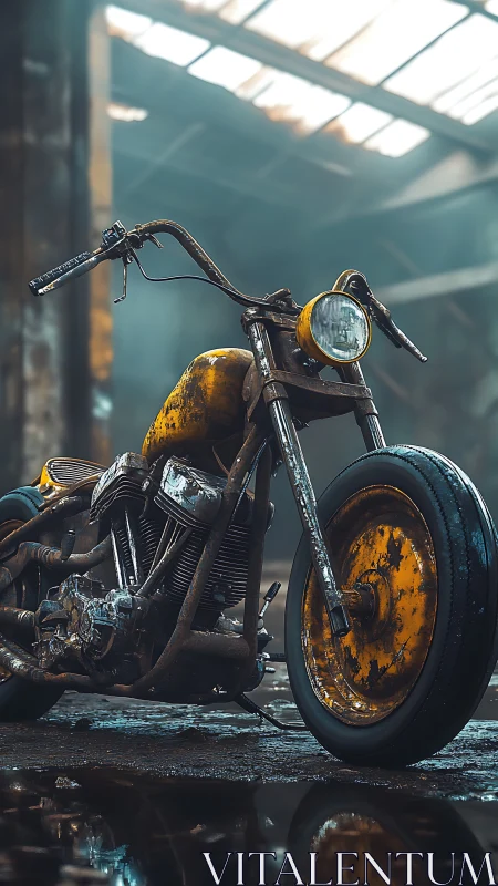 Rustic yellow chopper stands in moody abandoned warehouse.