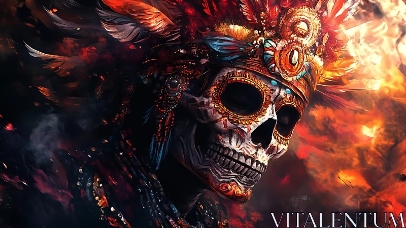 Decorated skull warrior portrait with flaming feathered headdress