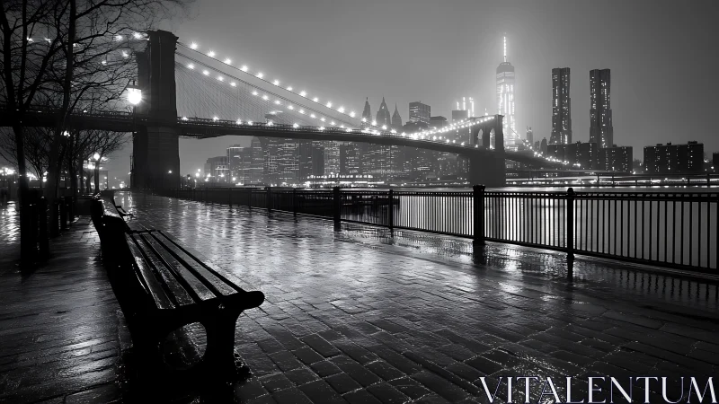 Wet promenade faces illuminated bridge and city skyline