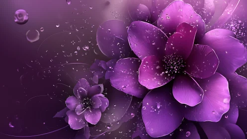 Purple Flowers with Water Droplets and Particle Effects