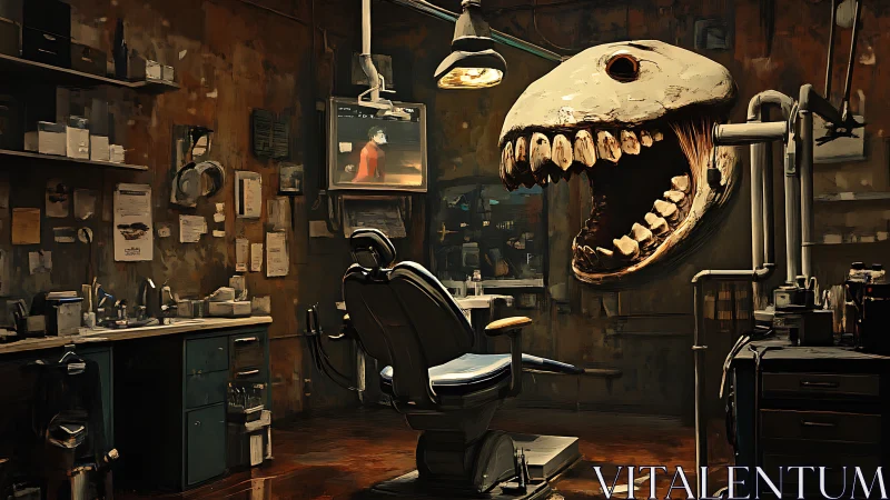 Predatory dental chair beneath looming fossil skull guardian.