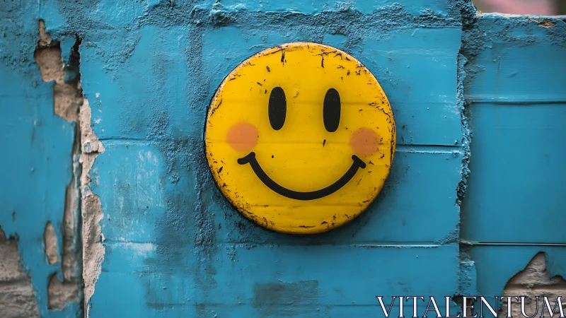 Cheerful yellow smiley brightening a weathered blue wall.
