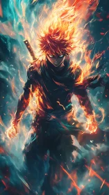 Blazing swordwielder strides through swirling, storm-lit firestorm.