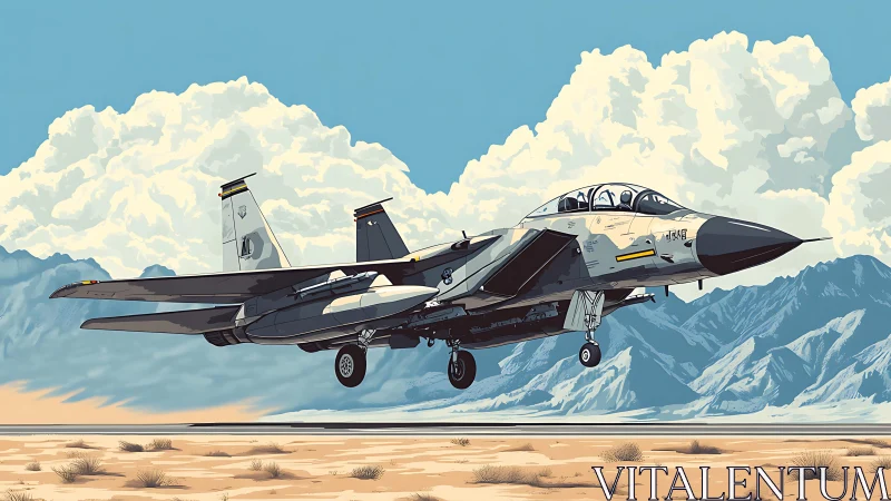 Twin-seat fighter jet descends over arid mountain runway.