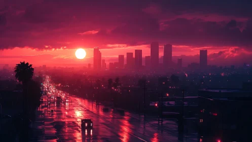 Neon sunset rain over a dreaming city boulevard at dusk.