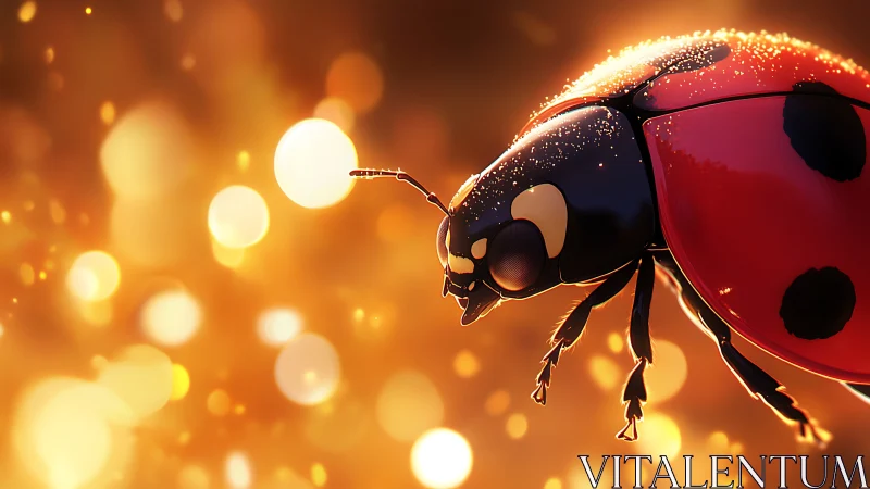 Macro render of a luminous ladybug against golden bokeh field