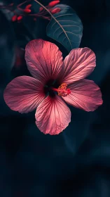 Coral Hibiscus Unfolds Against Teal Darkness