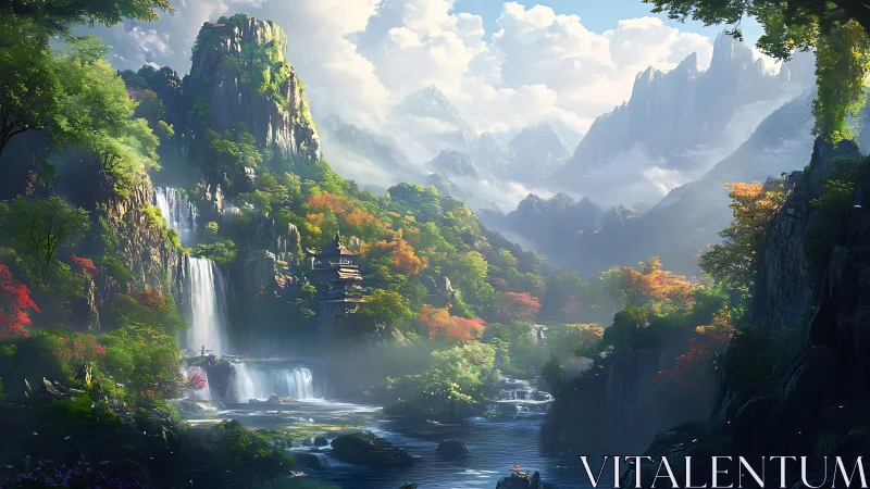 Atmospheric fantasy valley renders cascades and tiered pagoda