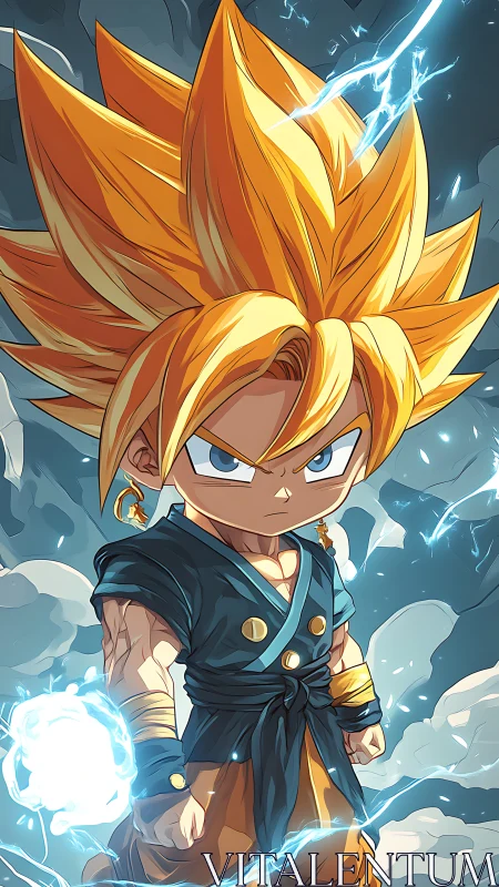 Tiny warrior crackles with power amid swirling blue lightning