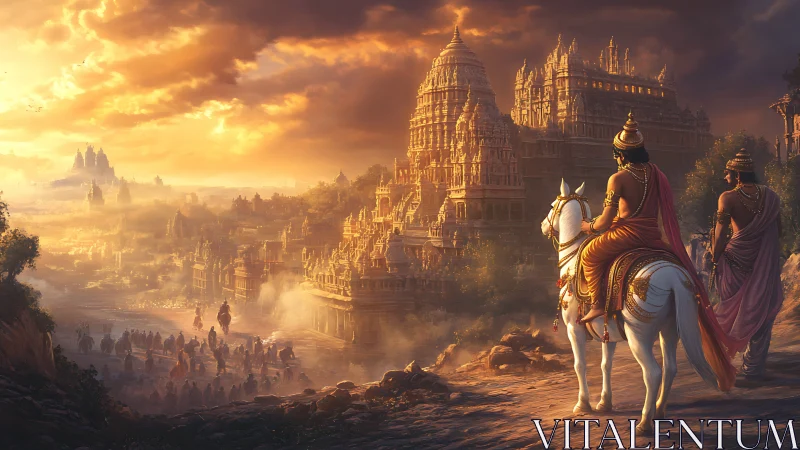 Warriors on horseback overlook ancient temple city at dusk