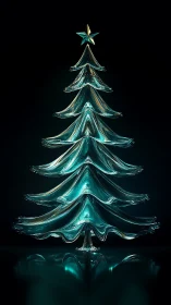 Translucent glass tree sculpture with star on dark background.