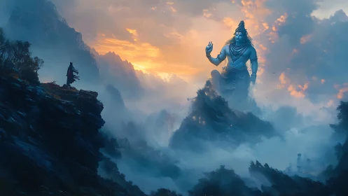 Colossal mountain deity rises through glowing storm clouds.