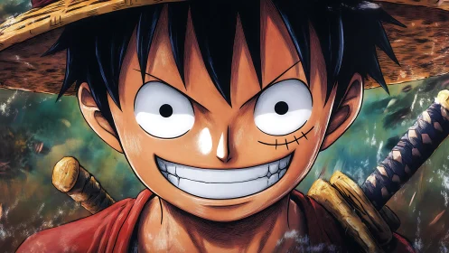 Grinning straw hat boy stares ahead with intense anime focus