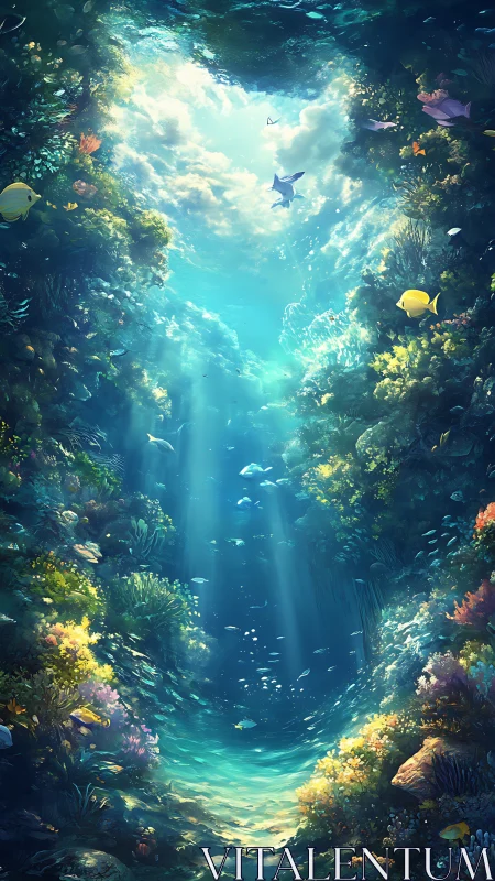 Sunlit coral canyon opening into a tranquil ocean sky.