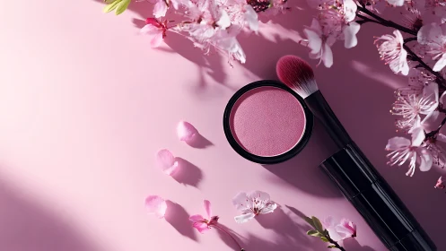 Pink powder blush and brush lie among cherry blossoms