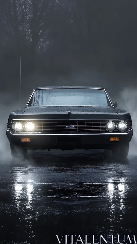 Low-angle frontal study of classic sedan headlights cutting dense fog