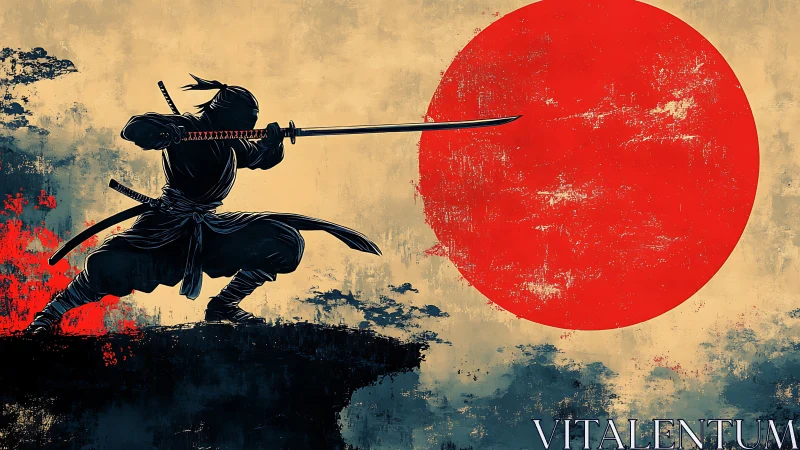 Silhouetted swordsman holds katana before large red sun