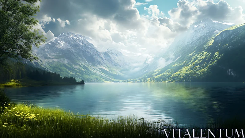 Mountain lake panorama under dramatic volumetric clouds.