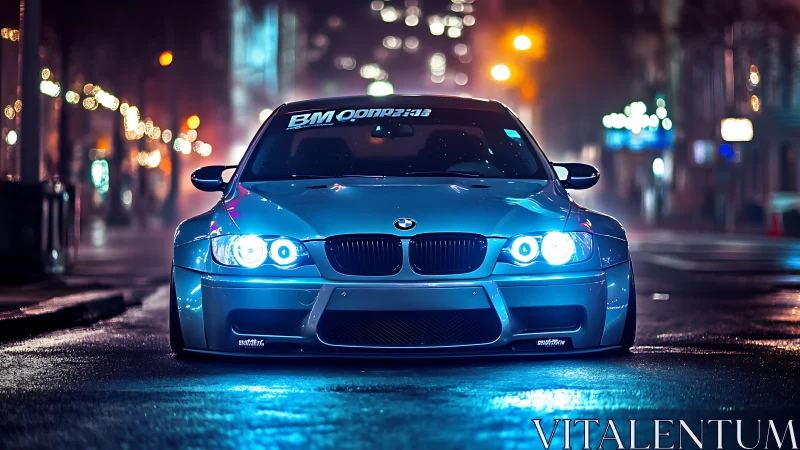Midnight BMW coupe glowing under neon street bokeh lights.