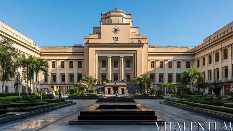 Sunlit stone courtyard framing a stately academic palace.