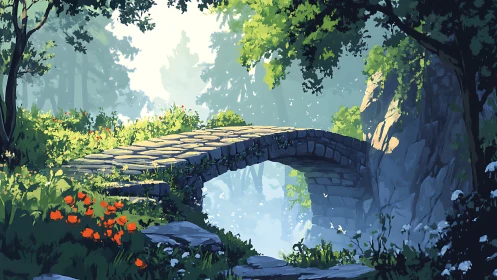 Stone forest bridge under soft morning light glow.