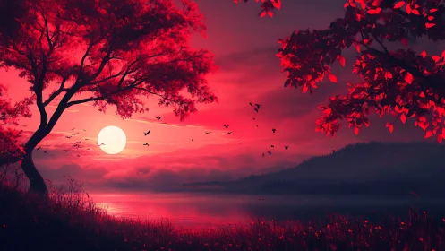 Crimson twilight cradles a mirrored moon across silent water