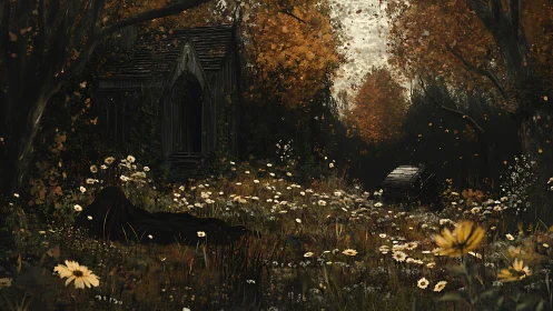 Shrouded figure lies in autumn field near decayed chapel