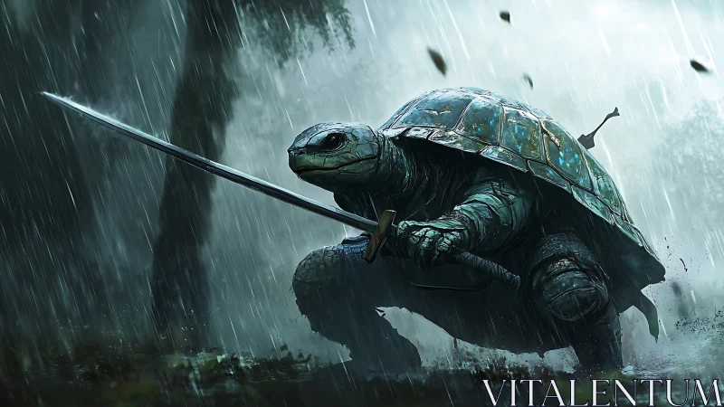 Rain-soaked turtle warrior crouches ready with gleaming sword